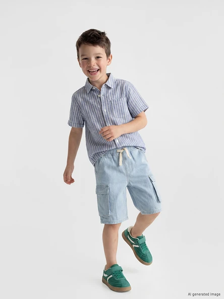 LCW Kids İndigo Beli Lastikli Erkek Çocuk Kargo Jean Şort ürün görseli 1