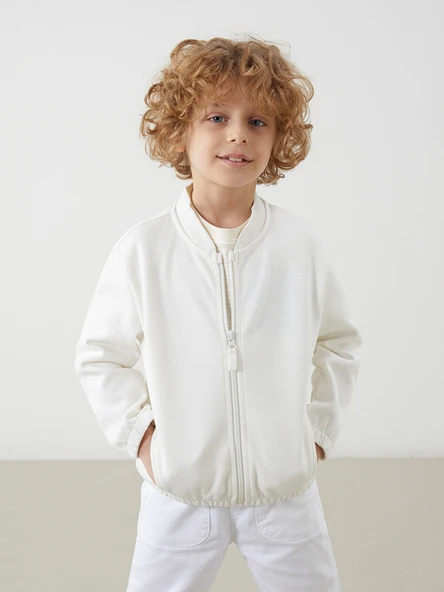 LCW Kids Ekru Basic Erkek Çocuk Fermuarlı Sweatshirt ürün görseli 1