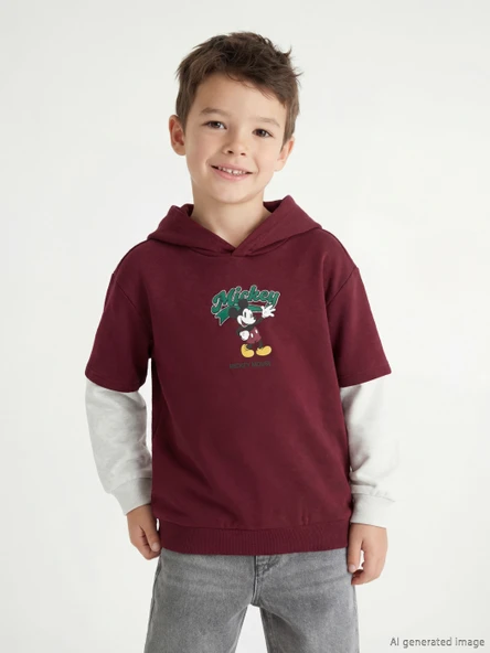 LCW Kids Bordo Mickey Mouse Baskılı Erkek Çocuk Kalın Sweatshirt ürün görseli 1
