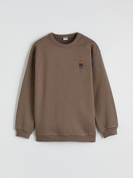 LCW Kids Kahverengi Bisiklet Yaka Nakışlı Erkek Çocuk Kalın Sweatshirt ürün görseli 1