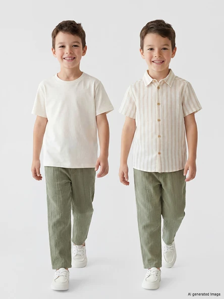 LCW Kids Bej Çizgili Erkek Çocuk Gömlek ve Tişört 2'li Takım ürün görseli 1