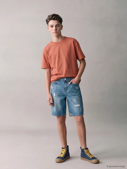 LCW Kids İndigo Yırtık Detaylı Erkek Çocuk Jean Şort ürün görseli 1