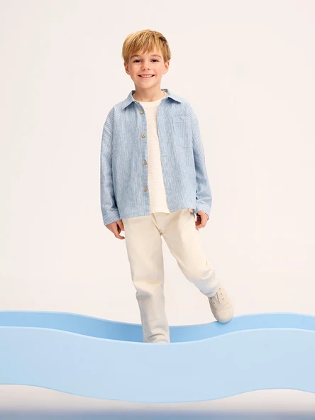 LCW Kids Mavi Çizgili Keten Erkek Çocuk Gömlek ürün görseli 1