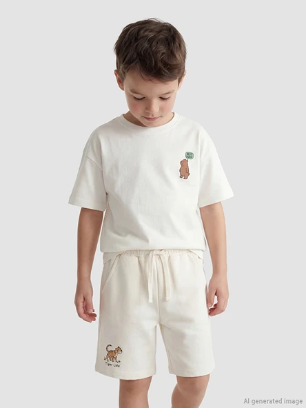 LCW Kids Bej Beli Lastikli Baskılı Erkek Çocuk Şort ürün görseli 1