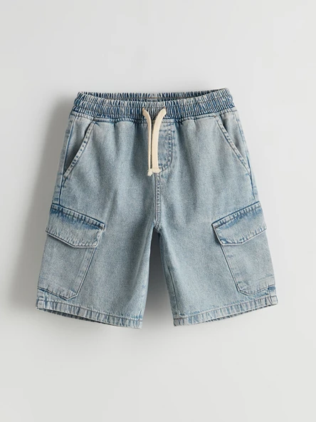 LCW Kids İndigo Beli Lastikli Erkek Çocuk Jean Kargo Şort ürün görseli 1