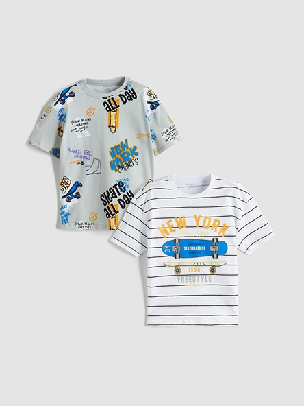 LCW Kids Beyaz Bisiklet Yaka Çizgili Erkek Çocuk Tişört 2'li ürün görseli 1