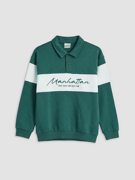 LCW Kids Yeşil Polo Yaka Manhattan Baskılı Erkek Çocuk Sweatshirt ürün görseli 1