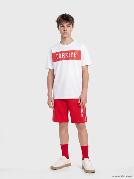 LCW Kids Kırmızı Regular Fit Erkek Çocuk Türkiye Baskılı Şort ürün görseli 1