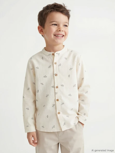 LCW Kids Ekru Hakim Yaka Erkek Çocuk Poplin Gömlek ürün görseli 1