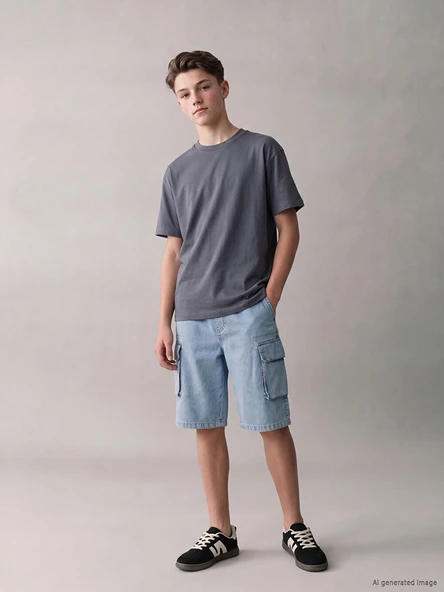 LCW Kids İndigo Beli Lastikli Erkek Çocuk Kargo Jean Şort ürün görseli 1