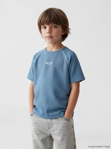 LCW Kids Mavi Bisiklet Yaka Baskılı Erkek Çocuk Tişört ürün görseli 1