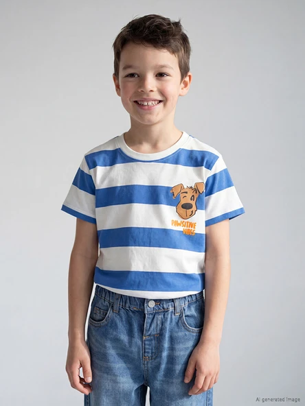 LCW Kids Mavi Bisiklet Yaka Çizgili Erkek Çocuk Tişört ürün görseli 1