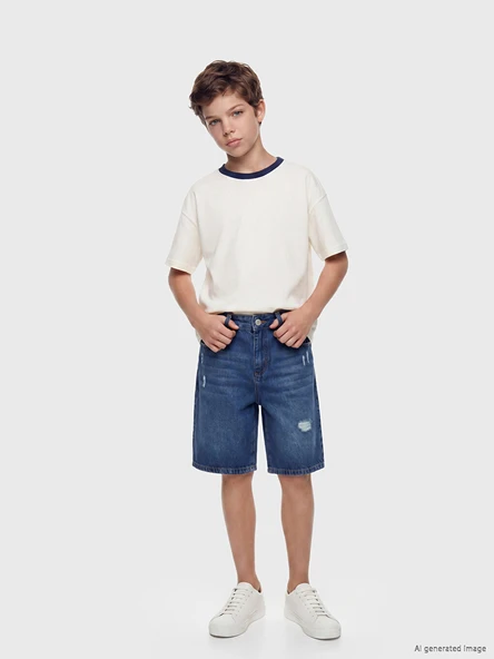 LCW Kids İndigo Yırtık Detaylı Erkek Çocuk Jean Şort ürün görseli 1
