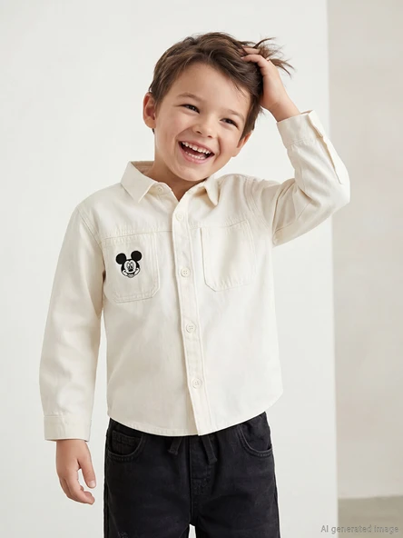 LCW Kids Bej Mickey Mouse Nakışlı Erkek Çocuk Gömlek ürün görseli 1
