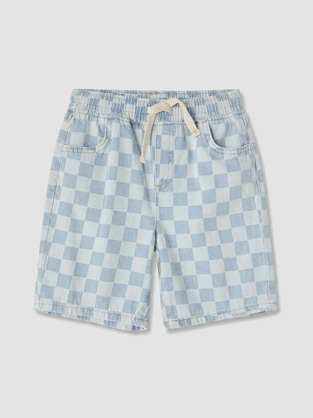 LCW Kids İndigo Beli Lastikli Damalı Erkek Çocuk Jean Şort ürün görseli 1