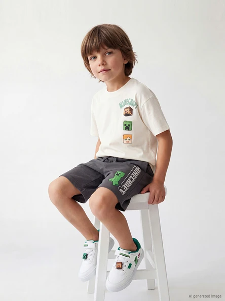 LCW Kids Gri Minecraft Baskılı Erkek Çocuk Şort ürün görseli 1