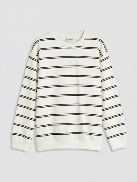 LCW Kids Ekru Bisiklet Yaka Çizgili Erkek Çocuk Sweatshirt ürün görseli 1