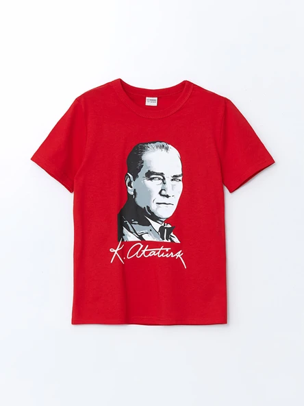 LCW Kids Kırmızı Bisiklet Yaka Atatürk Baskılı Erkek Çocuk Tişört ürün görseli 1