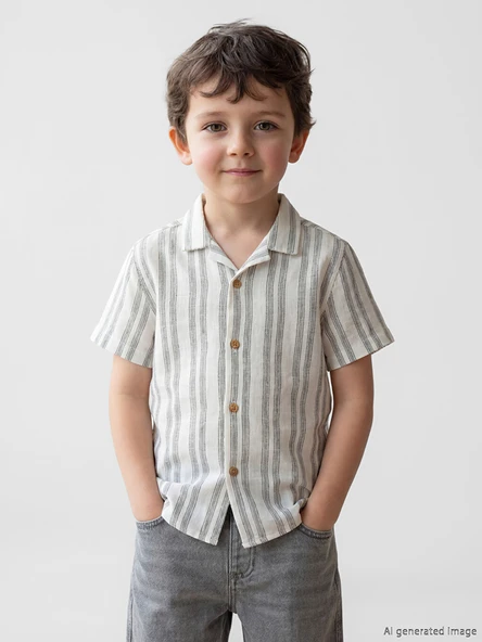 LCW Kids Bej Çizgili Kısa Kollu Erkek Çocuk Gömlek ürün görseli 1