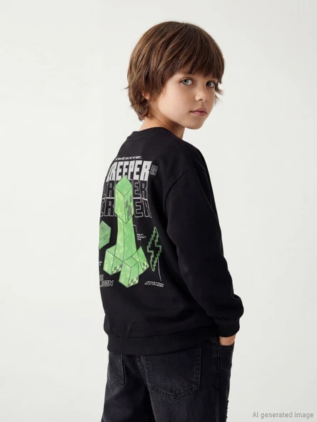 LCW Kids Siyah Minecraft Baskılı Erkek Çocuk Sweatshirt ürün görseli 1