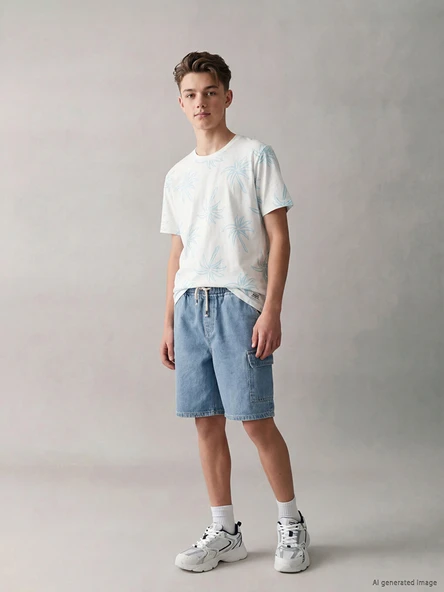 LCW Kids İndigo Beli Lastikli Erkek Çocuk Kargo Jean Şort ürün görseli 1