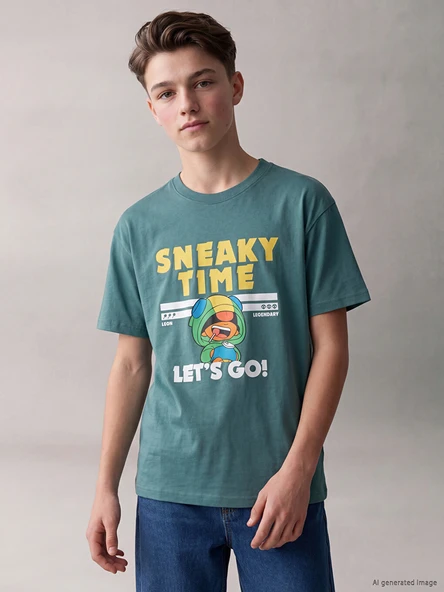 LCW Kids Yeşil Bisiklet Yaka Brawl Stars Baskılı Erkek Çocuk Tişört ürün görseli 1