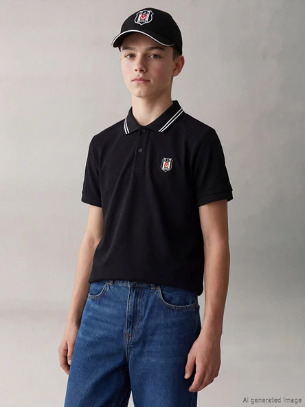 LCW Kids Siyah Beşiktaş Baskılı Erkek Çocuk Polo Yaka Pike Tişört ürün görseli 1