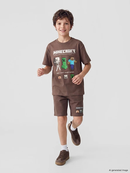 LCW Kids Kahverengi Minecraft Baskılı Erkek Çocuk Şort ürün görseli 1