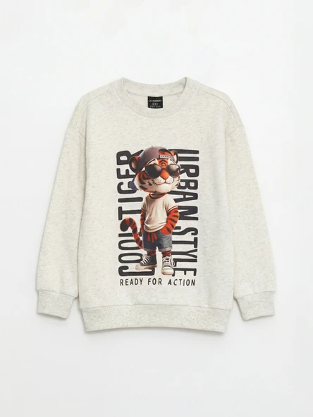 LCW Kids Beyaz Bisiklet Yaka Baskılı Erkek Çocuk Sweatshirt ürün görseli 1