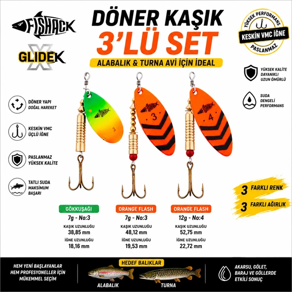 Fishack GlideX 3’lü Döner Kaşık Seti 7g-12g Alabalık ve Turna Avı İçin Gökkuşağı + Orange Flash Spinner Kaşık ürün görseli 1
