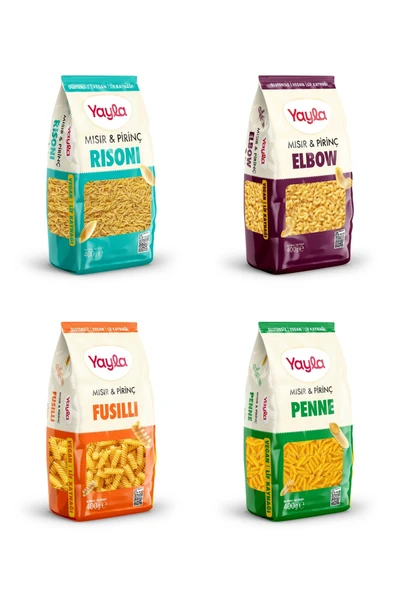 Yayla 4’Lü Doğal Glutensiz Makarna Serisi Mısır&Pirinç 400 Gr (Risoni-Fusilli-Penne-Elbow) ürün görseli 1