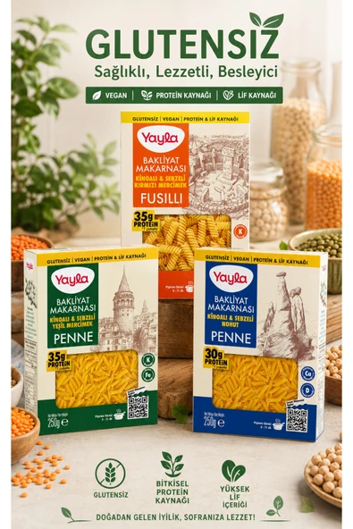 Yayla Doğal Glutensiz Bakliyat Makarnası Çeşitleri 3x250 Gr ürün görseli 1