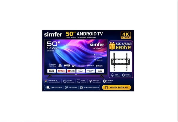 Simfer 50SFSA6B 50" 127 Ekran 4K Ultra Hd Android Smart LED Tv  Dahili Wifi  Bluetooth  Netflix  Askı Aparatı Hediyeli ürün görseli 1