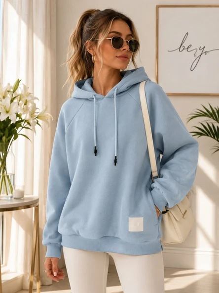 Kadın Turkuaz Kapşonlu Sweatshirt - Resim 2