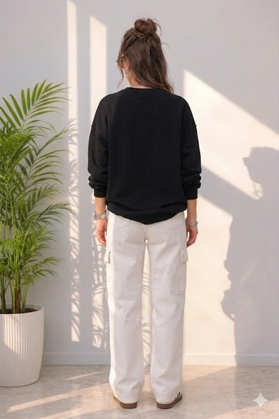 Kadın Siyah Bisiklet Yaka Sweatshirt - Resim 4