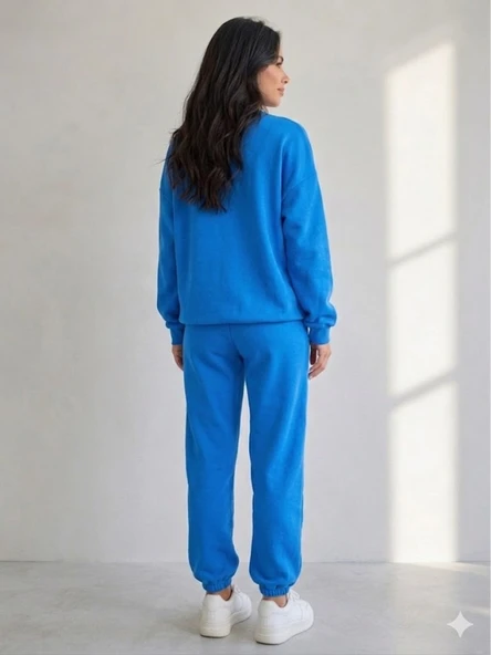 Kadın Mavi Bisiklet Yaka Sweatshirt - Resim 4