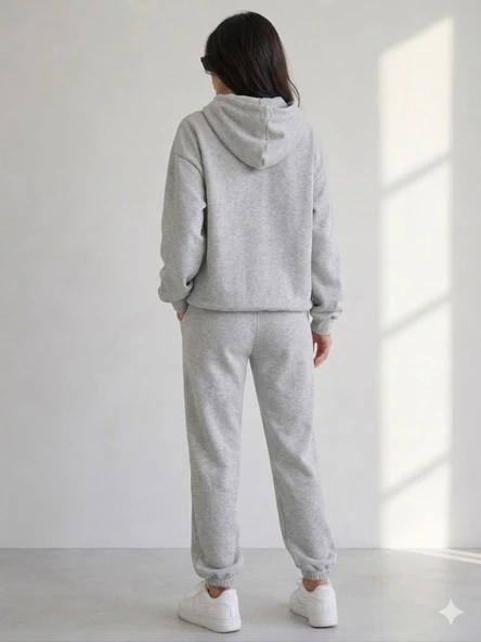 Kadın Gri Kapşonlu Sweatshirt - Resim 4