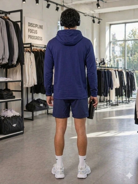 Erkek Lacivert Kapşonlu Sweatshirt - Resim 4