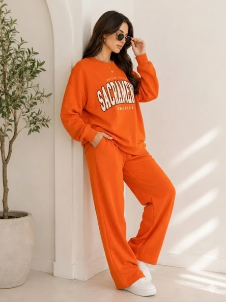 Kadın Turuncu Bisiklet Yaka Sweatshirt - Resim 2