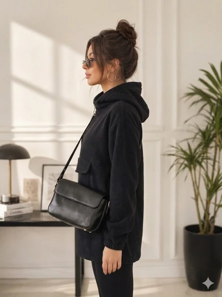 Kadın Siyah Kapşonlu Polar Sweatshirt - Resim 3