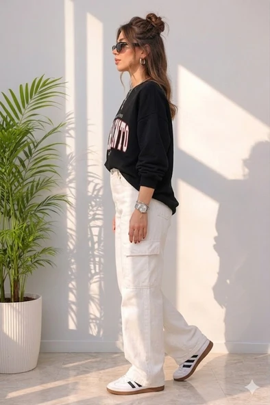 Kadın Siyah Bisiklet Yaka Sweatshirt - Resim 3