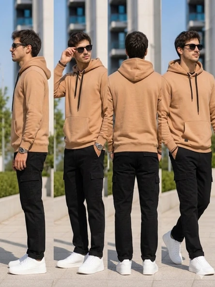 Erkek Bej Kapşonlu Sweatshirt - Resim 4