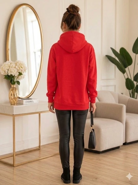 Kadın Kırmızı Kapşonlu Sweatshirt - Resim 4
