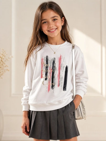 Kız Çocuk Beyaz Sweatshirt - Resim 2