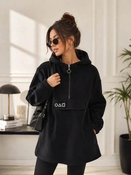 Kadın Siyah Kapşonlu Polar Sweatshirt ürün görseli 1