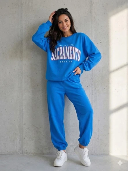 Kadın Mavi Bisiklet Yaka Sweatshirt ürün görseli 1