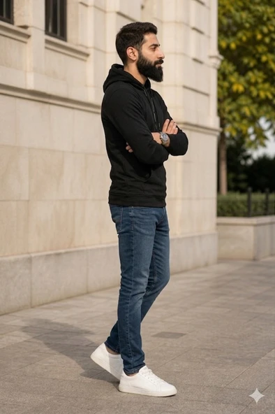 Erkek Siyah Kapşonlu Sweatshirt - Resim 3