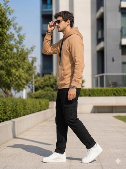 Erkek Bej Kapşonlu Sweatshirt - Resim 2
