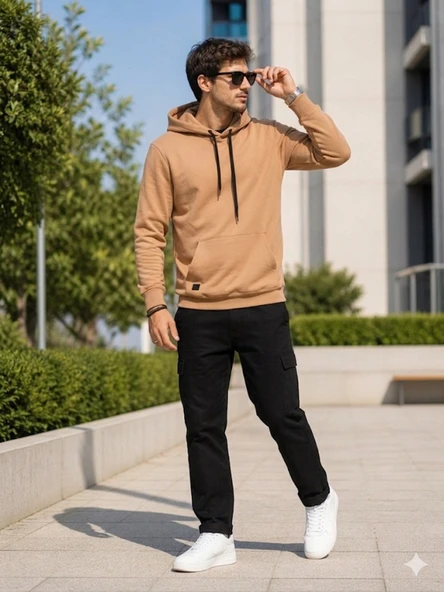 Erkek Bej Kapşonlu Sweatshirt ürün görseli 1