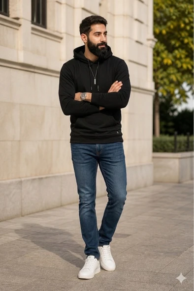 Erkek Siyah Kapşonlu Sweatshirt - Resim 2